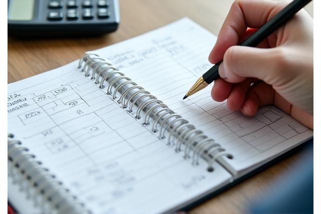 Mano sosteniendo una pluma escribiendo en un cuaderno con gráficos y calculadora, simbolizando la planificación de un presupuesto.