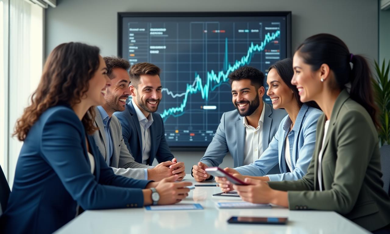 Un grupo de personas sonrientes trabajando colaborativamente en una oficina moderna, con gráficos financieros en una pantalla de fondo, simbolizando asesoría financiera.